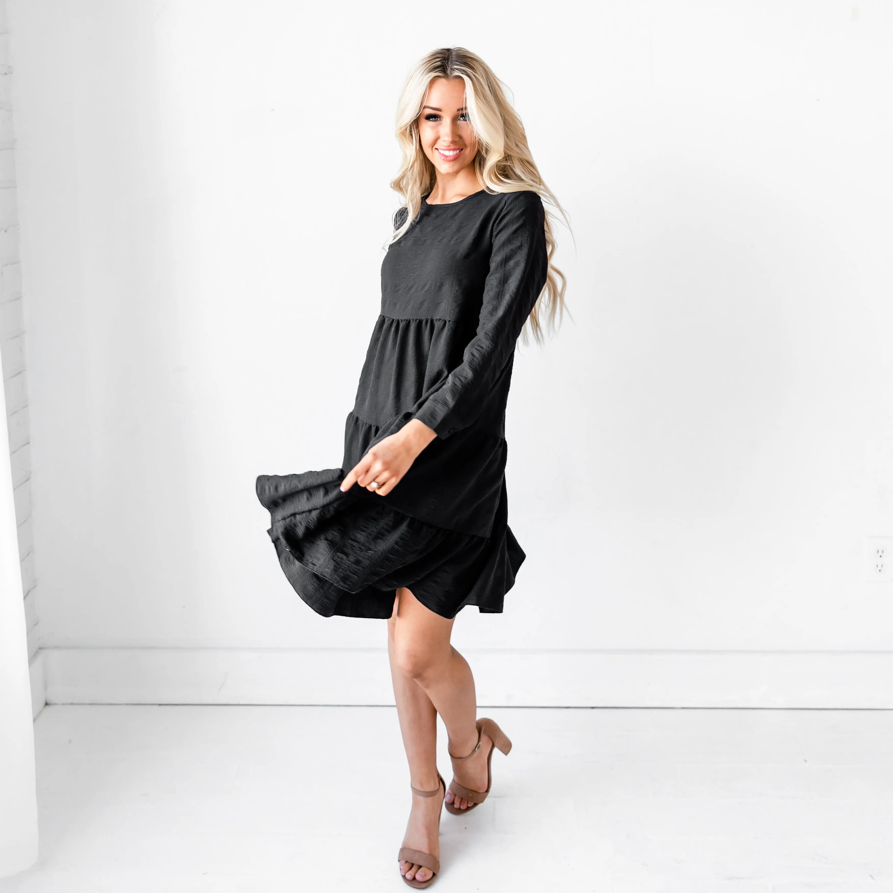 Ruffled Babydoll Midi Dress - Black
