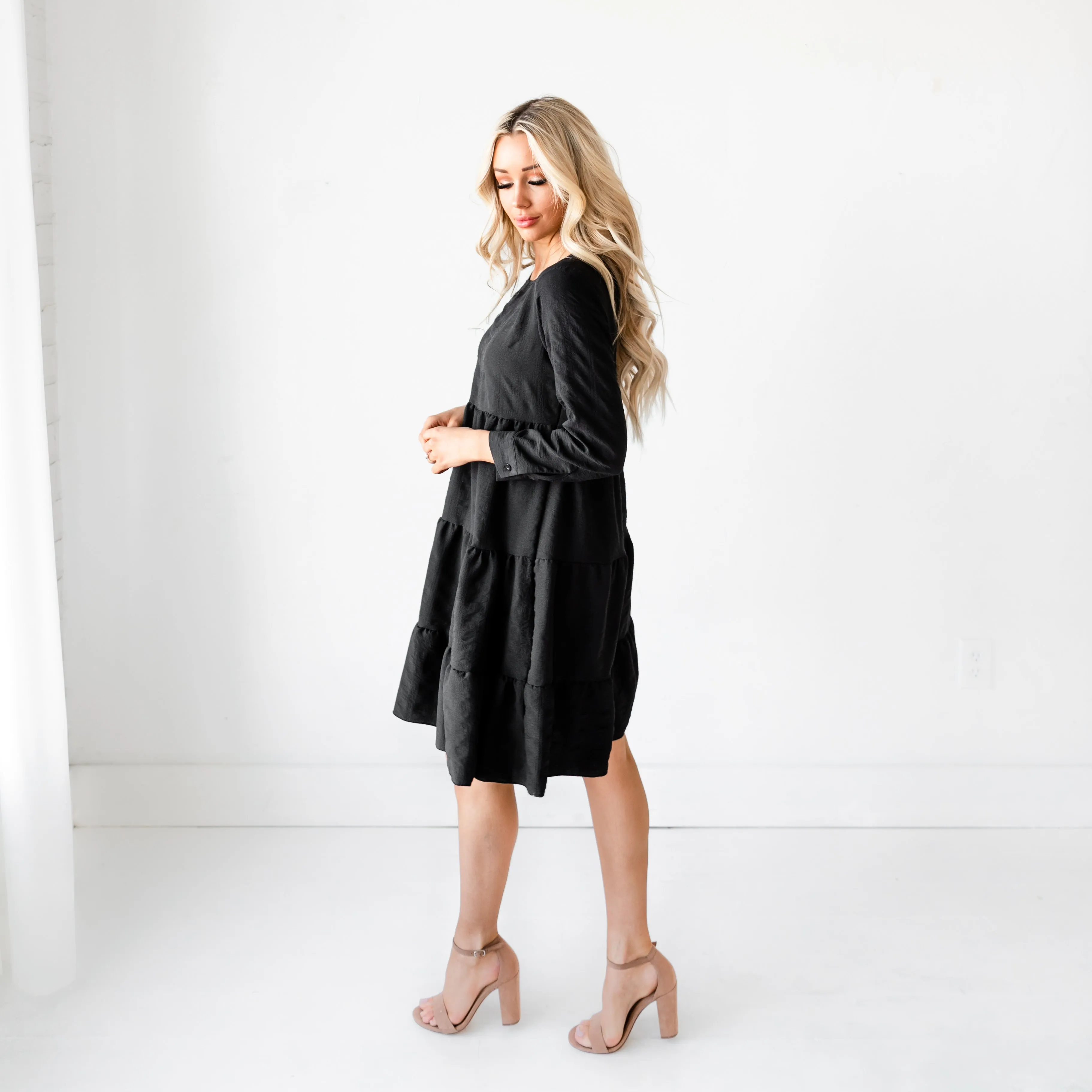 Ruffled Babydoll Midi Dress - Black
