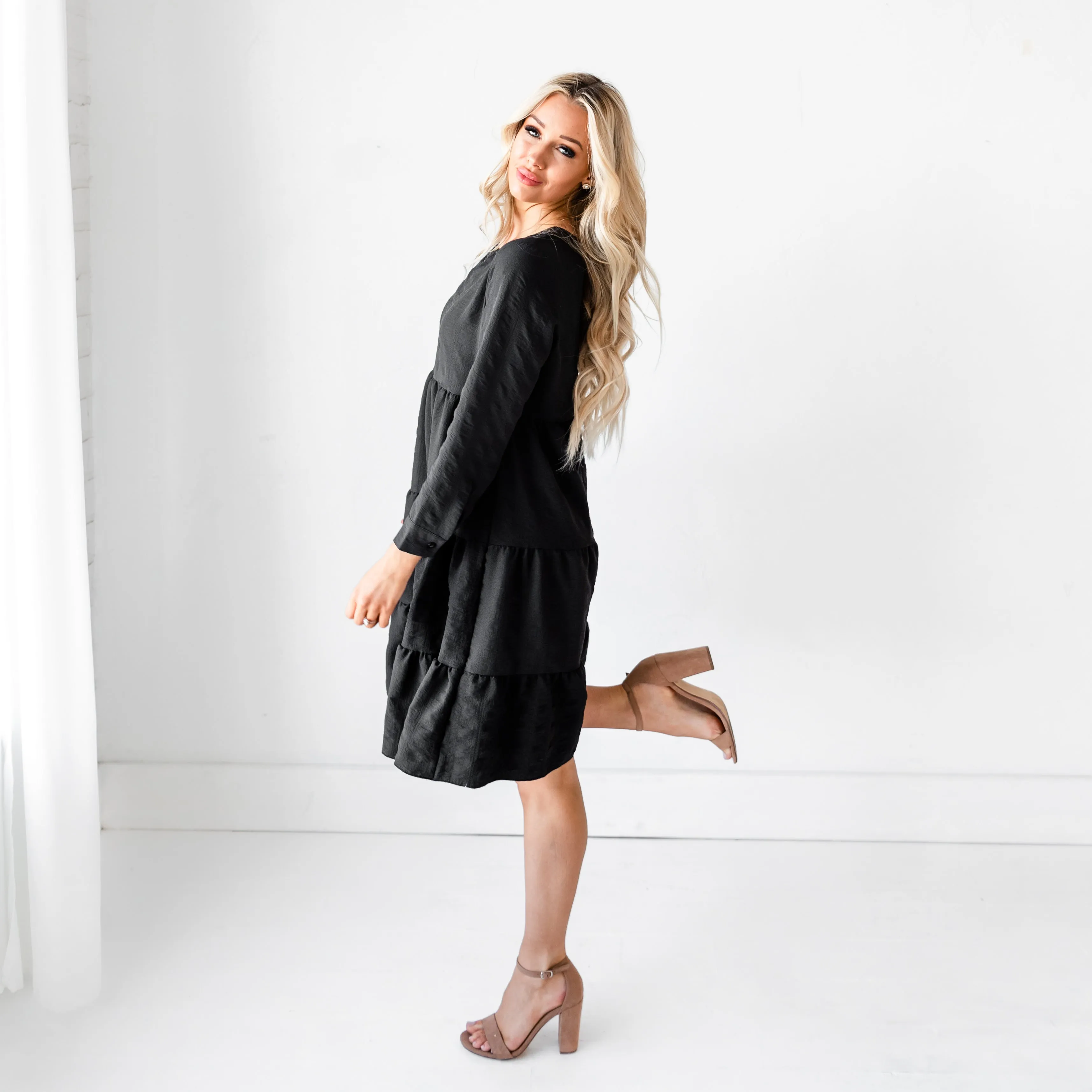Ruffled Babydoll Midi Dress - Black
