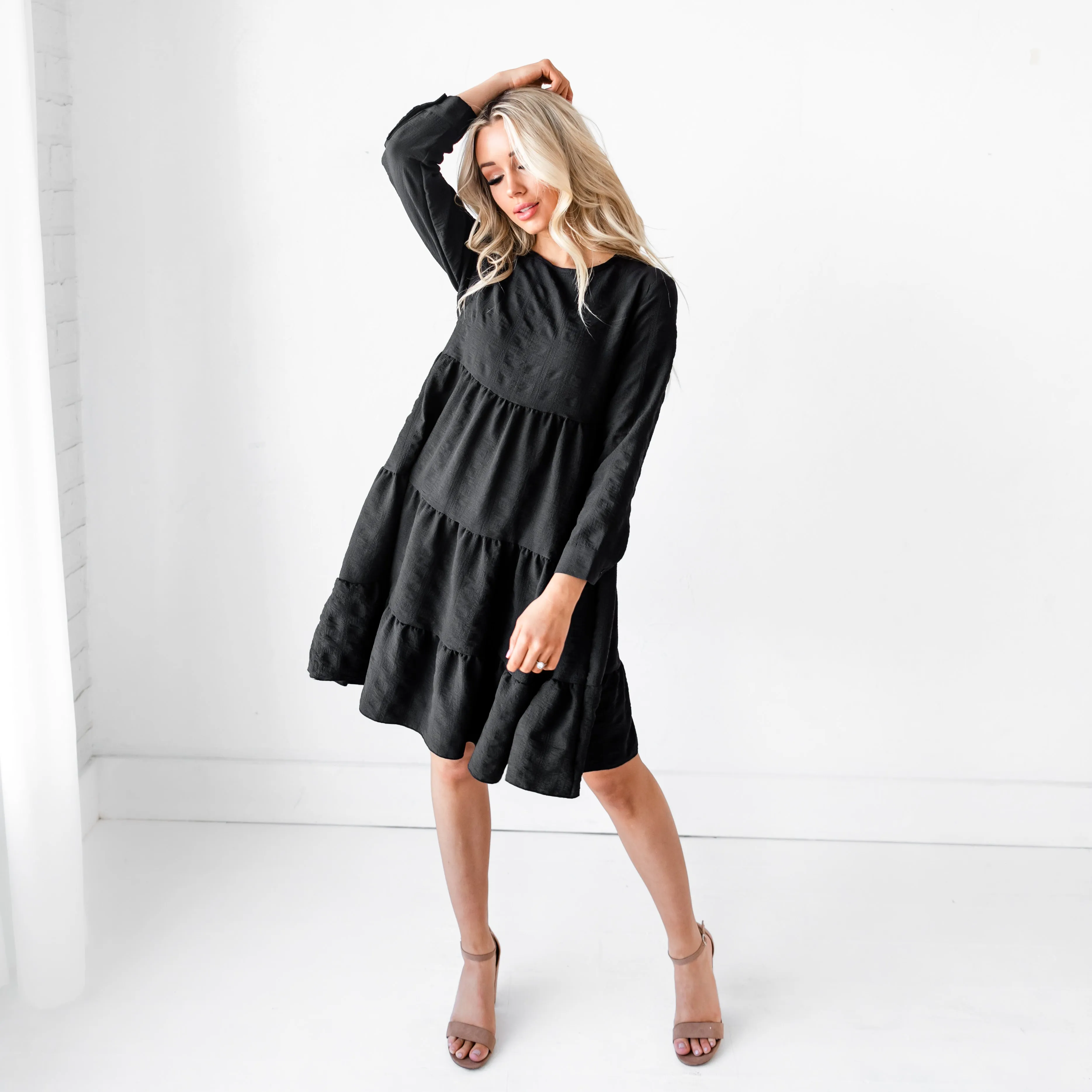Ruffled Babydoll Midi Dress - Black