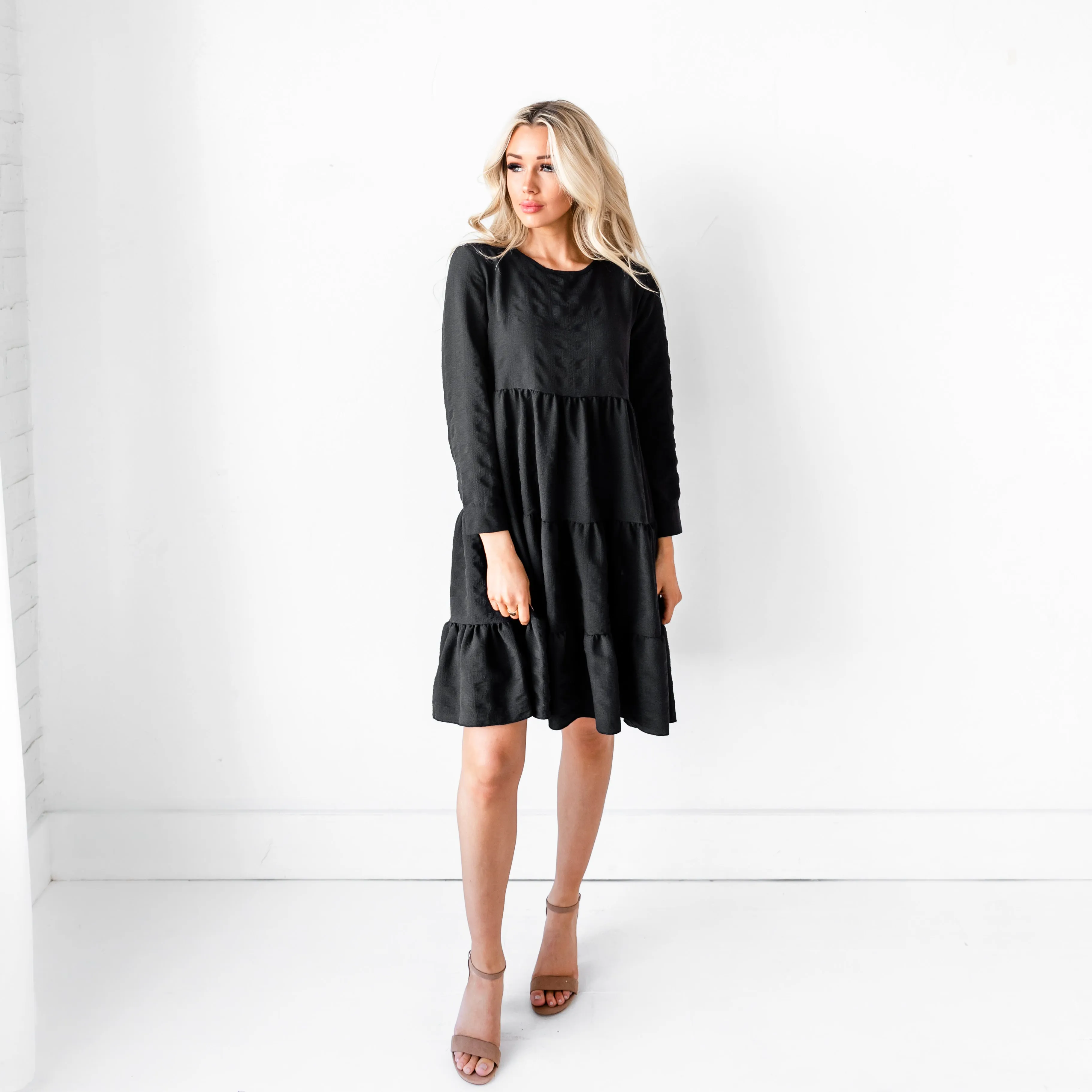 Ruffled Babydoll Midi Dress - Black