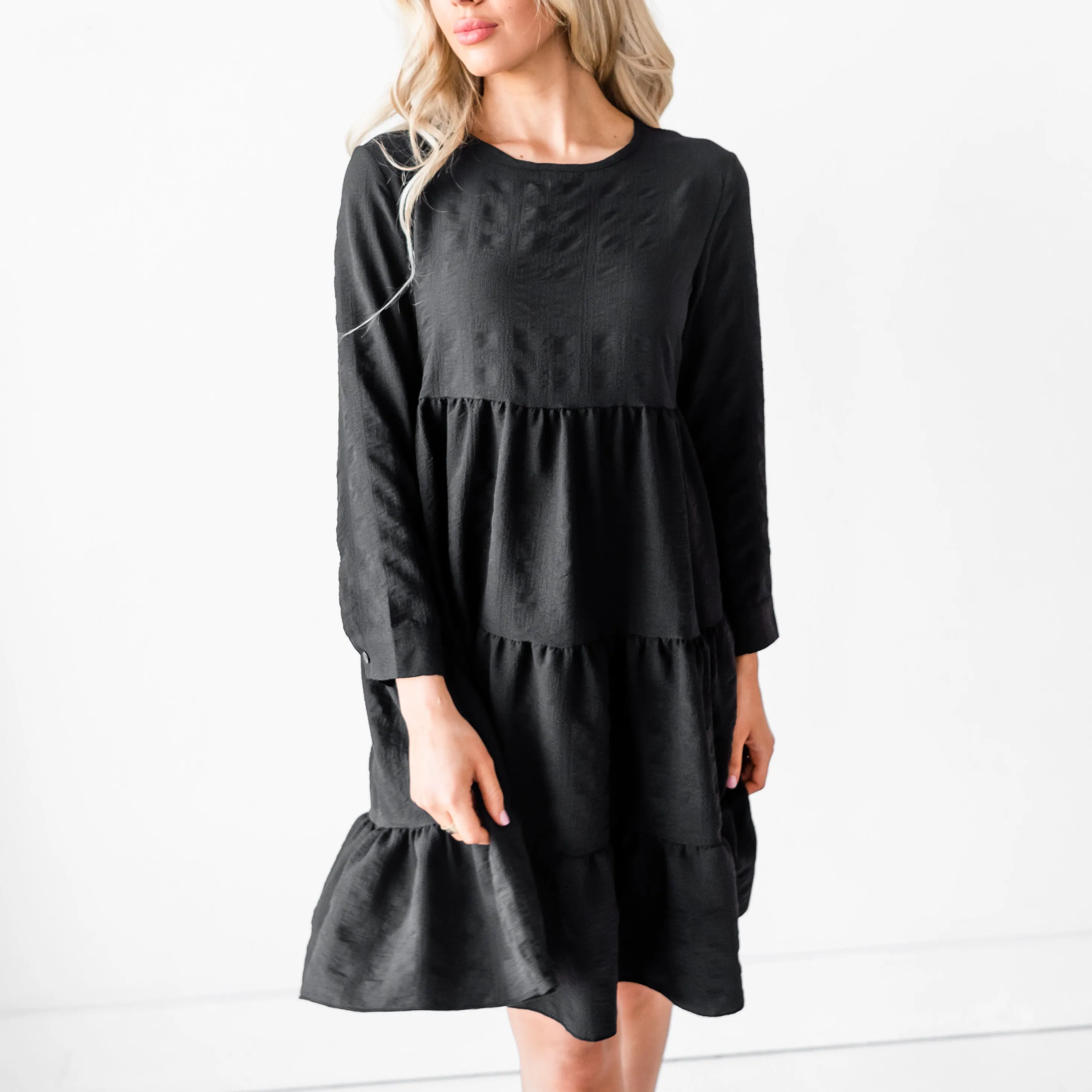 Ruffled Babydoll Midi Dress - Black