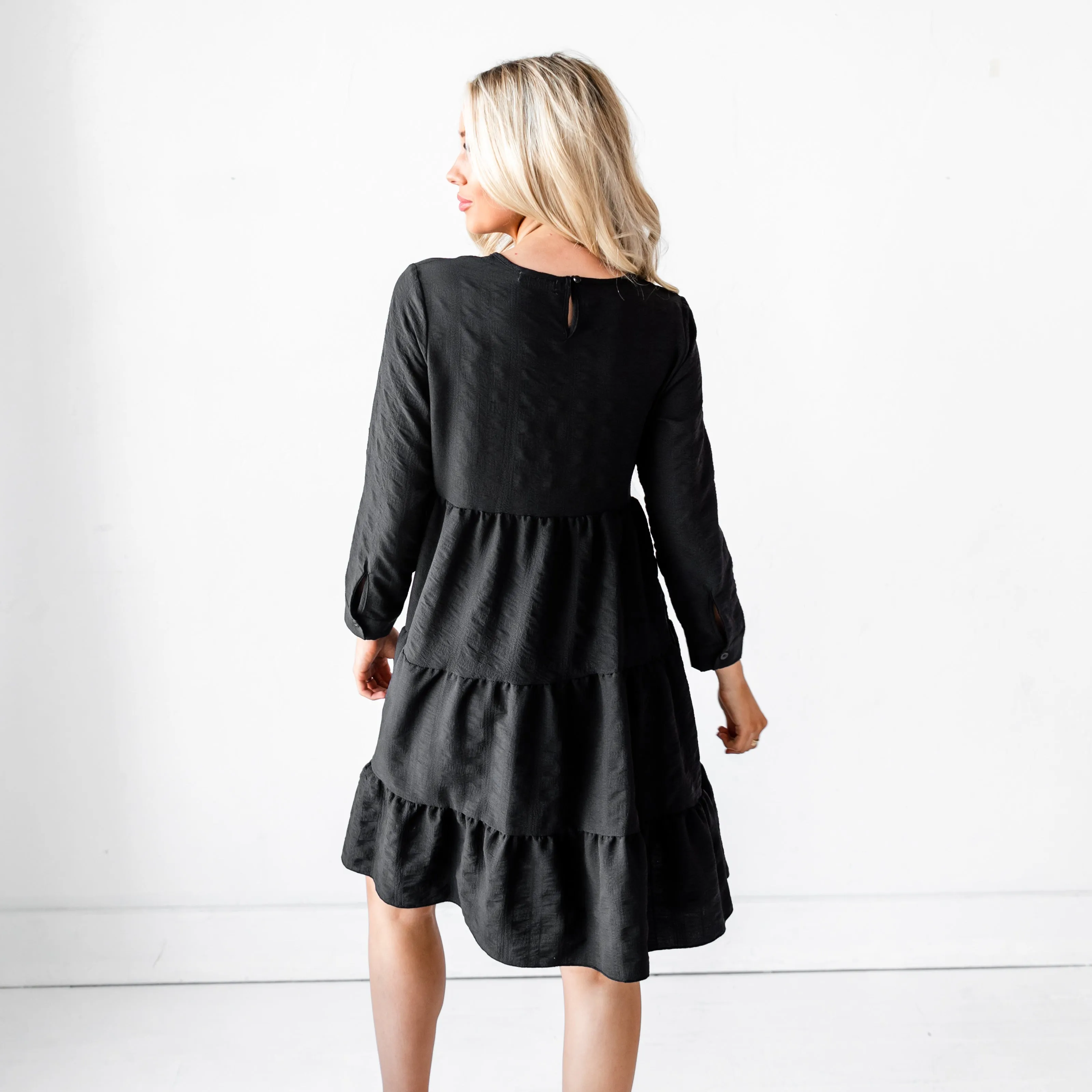 Ruffled Babydoll Midi Dress - Black
