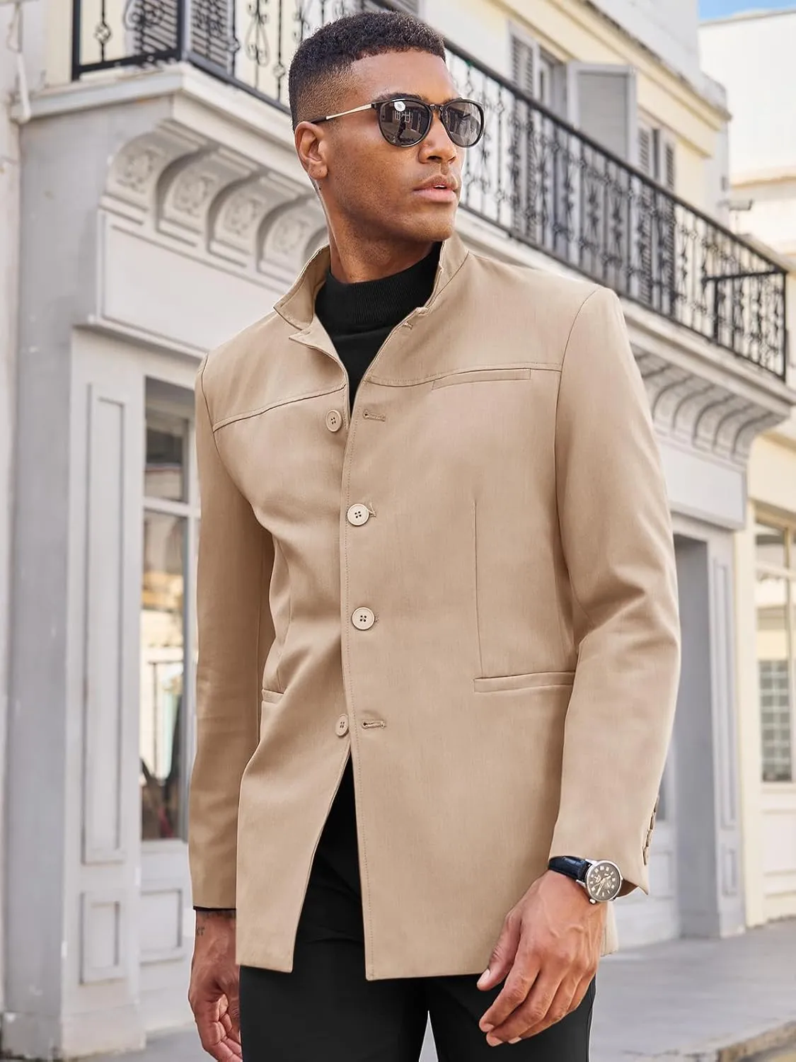Runcati Mens Casual Suit Blazer Jacket Mandarin Collar Single Breasted Sport Coat Business Dress Coat