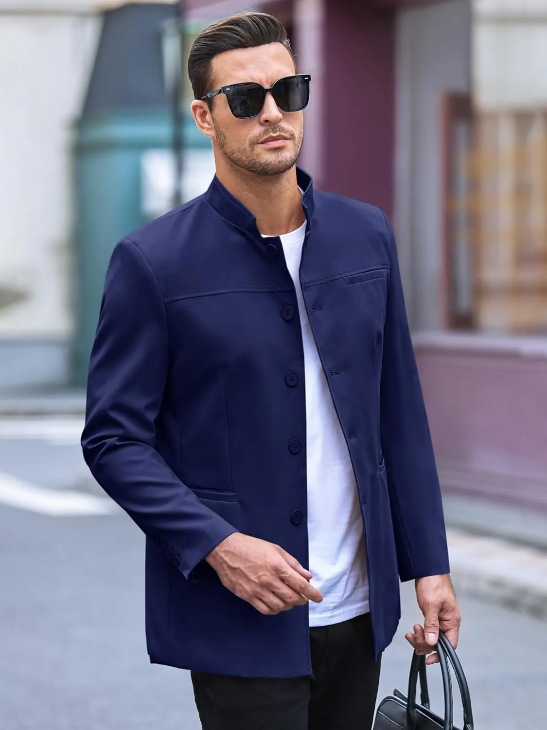 Runcati Mens Casual Suit Blazer Jacket Mandarin Collar Single Breasted Sport Coat Business Dress Coat