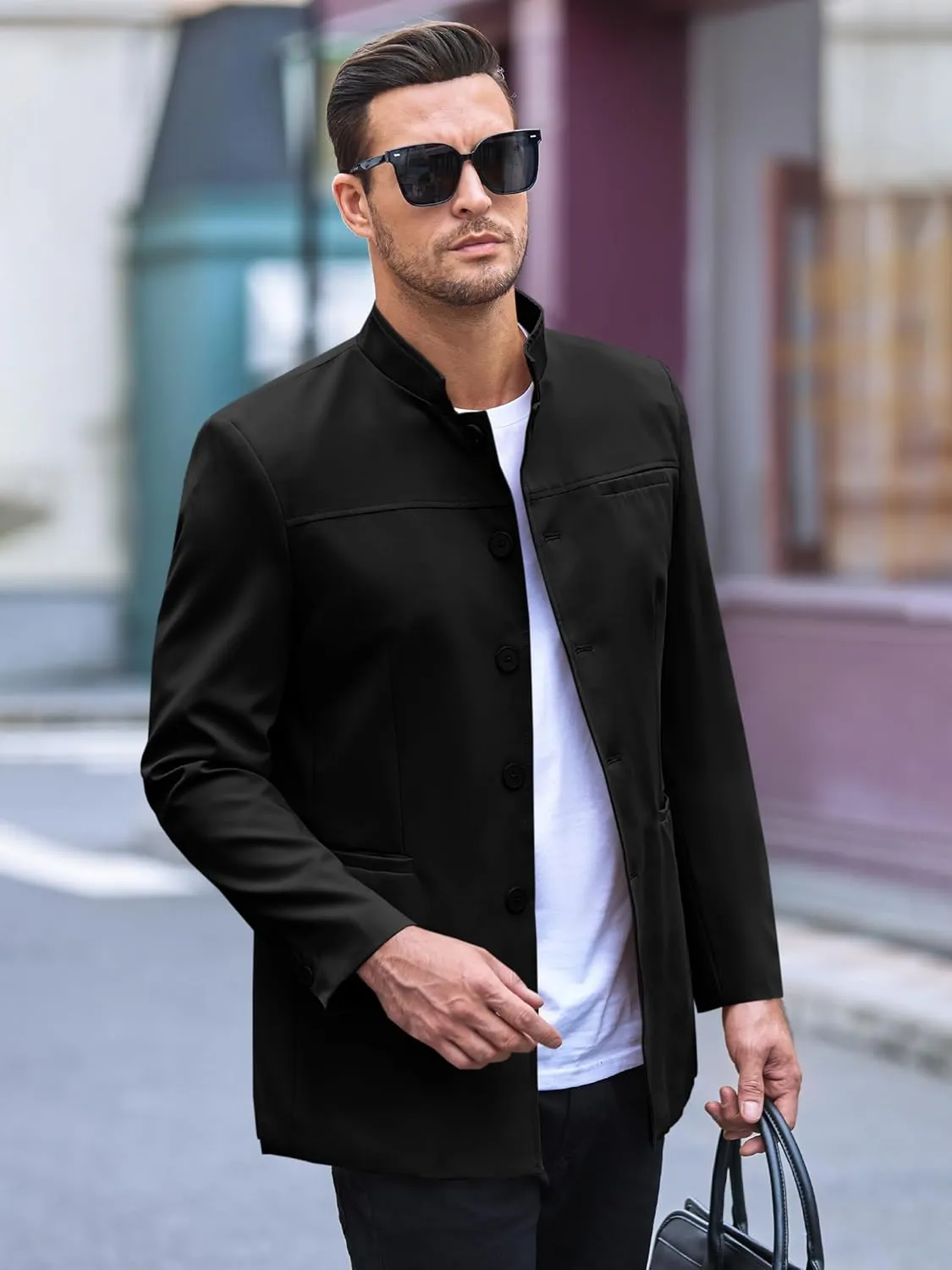 Runcati Mens Casual Suit Blazer Jacket Mandarin Collar Single Breasted Sport Coat Business Dress Coat