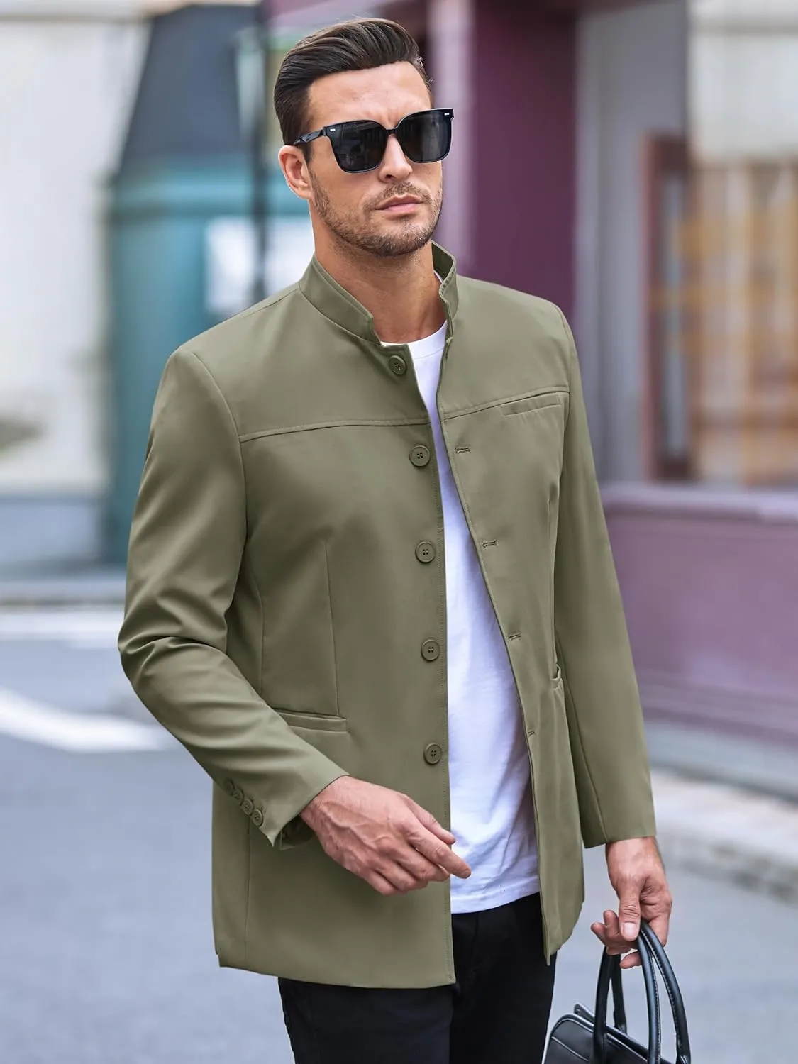 Runcati Mens Casual Suit Blazer Jacket Mandarin Collar Single Breasted Sport Coat Business Dress Coat