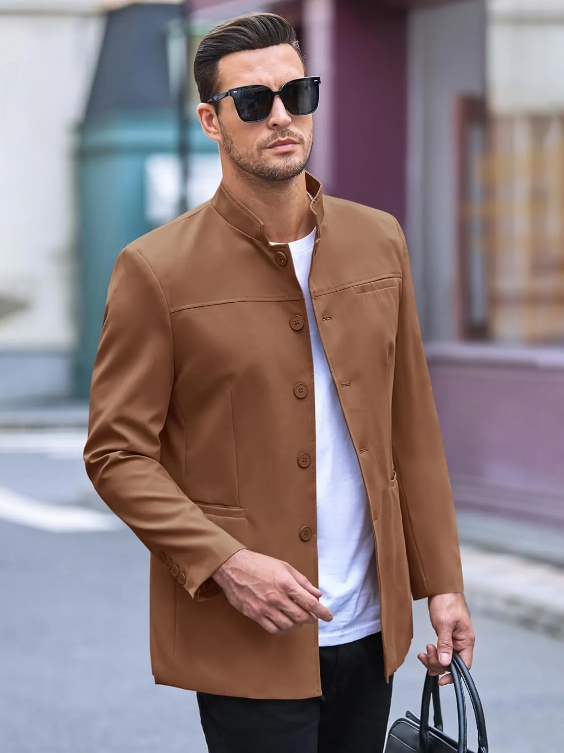 Runcati Mens Casual Suit Blazer Jacket Mandarin Collar Single Breasted Sport Coat Business Dress Coat