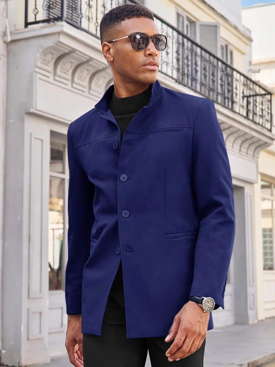 Runcati Mens Casual Suit Blazer Jacket Mandarin Collar Single Breasted Sport Coat Business Dress Coat