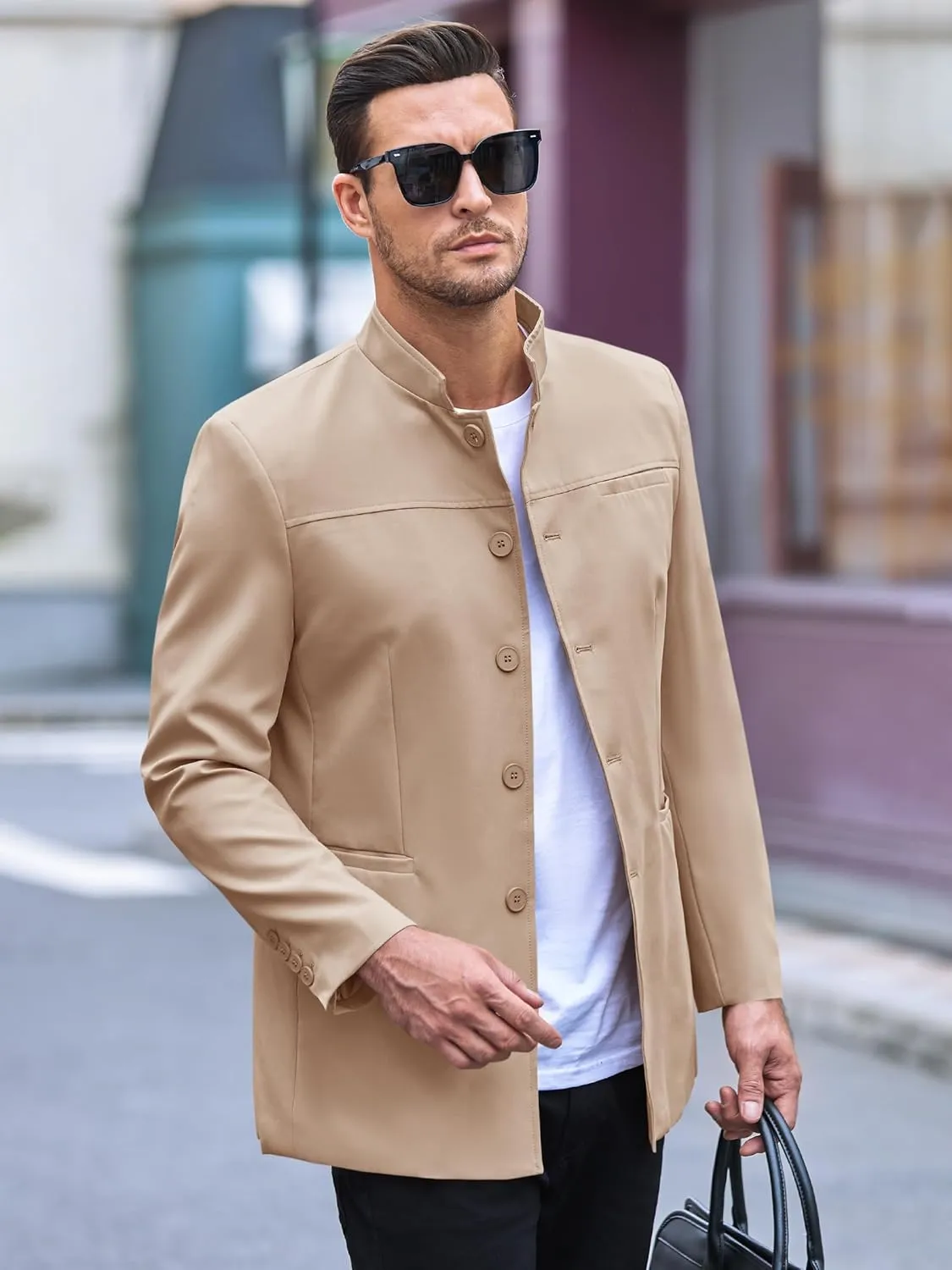 Runcati Mens Casual Suit Blazer Jacket Mandarin Collar Single Breasted Sport Coat Business Dress Coat