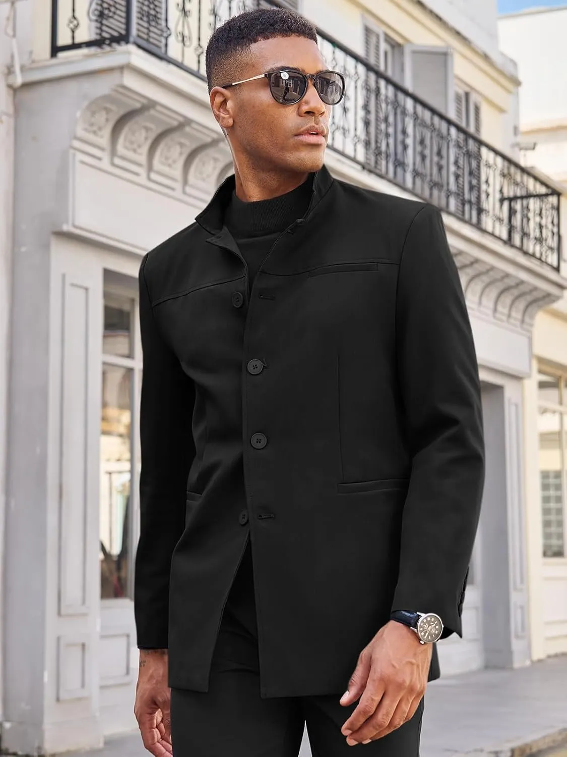 Runcati Mens Casual Suit Blazer Jacket Mandarin Collar Single Breasted Sport Coat Business Dress Coat