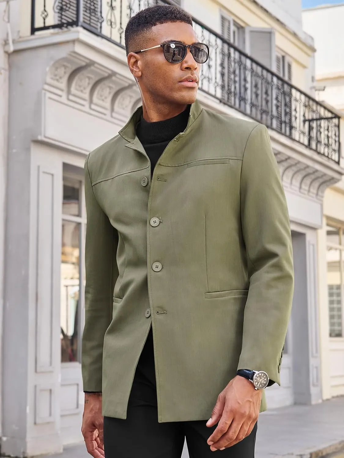 Runcati Mens Casual Suit Blazer Jacket Mandarin Collar Single Breasted Sport Coat Business Dress Coat