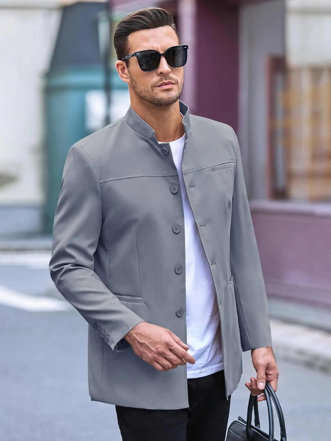 Runcati Mens Casual Suit Blazer Jacket Mandarin Collar Single Breasted Sport Coat Business Dress Coat