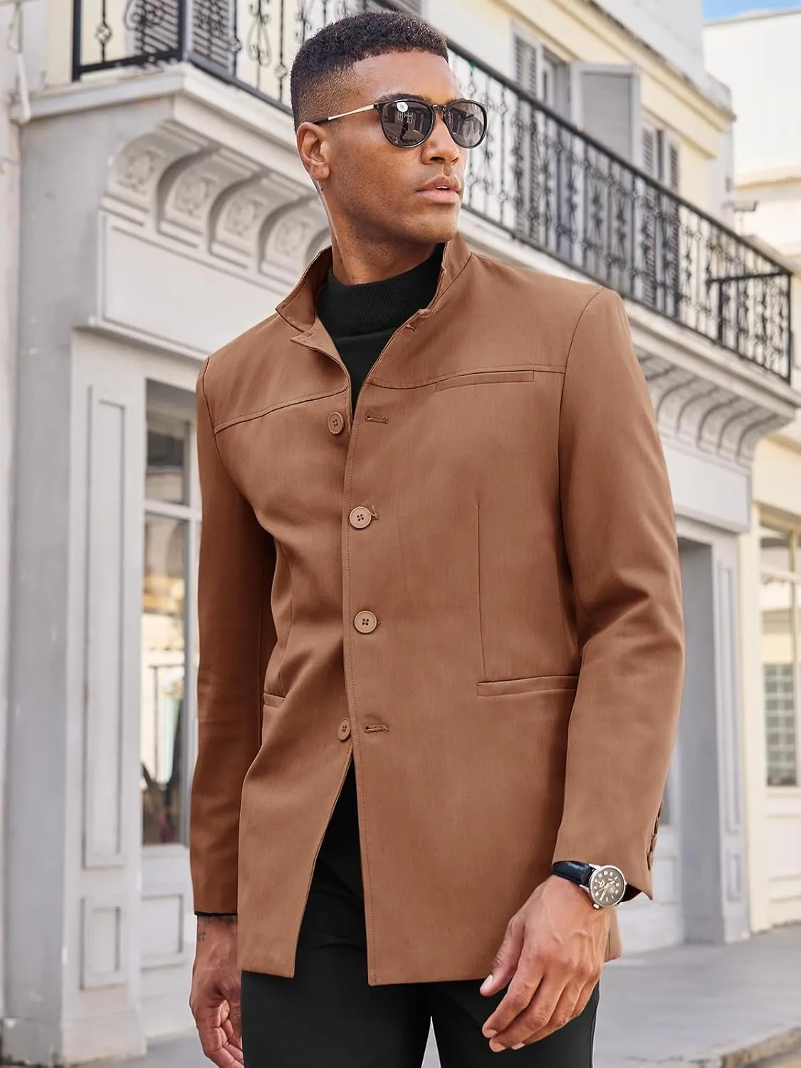 Runcati Mens Casual Suit Blazer Jacket Mandarin Collar Single Breasted Sport Coat Business Dress Coat