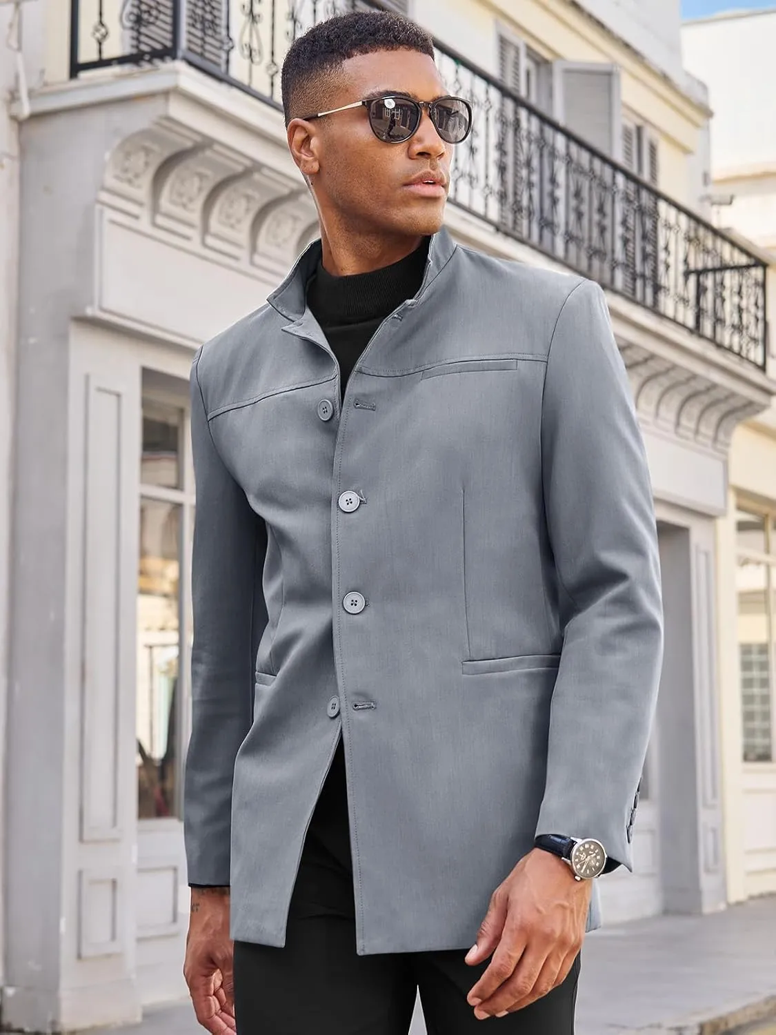 Runcati Mens Casual Suit Blazer Jacket Mandarin Collar Single Breasted Sport Coat Business Dress Coat
