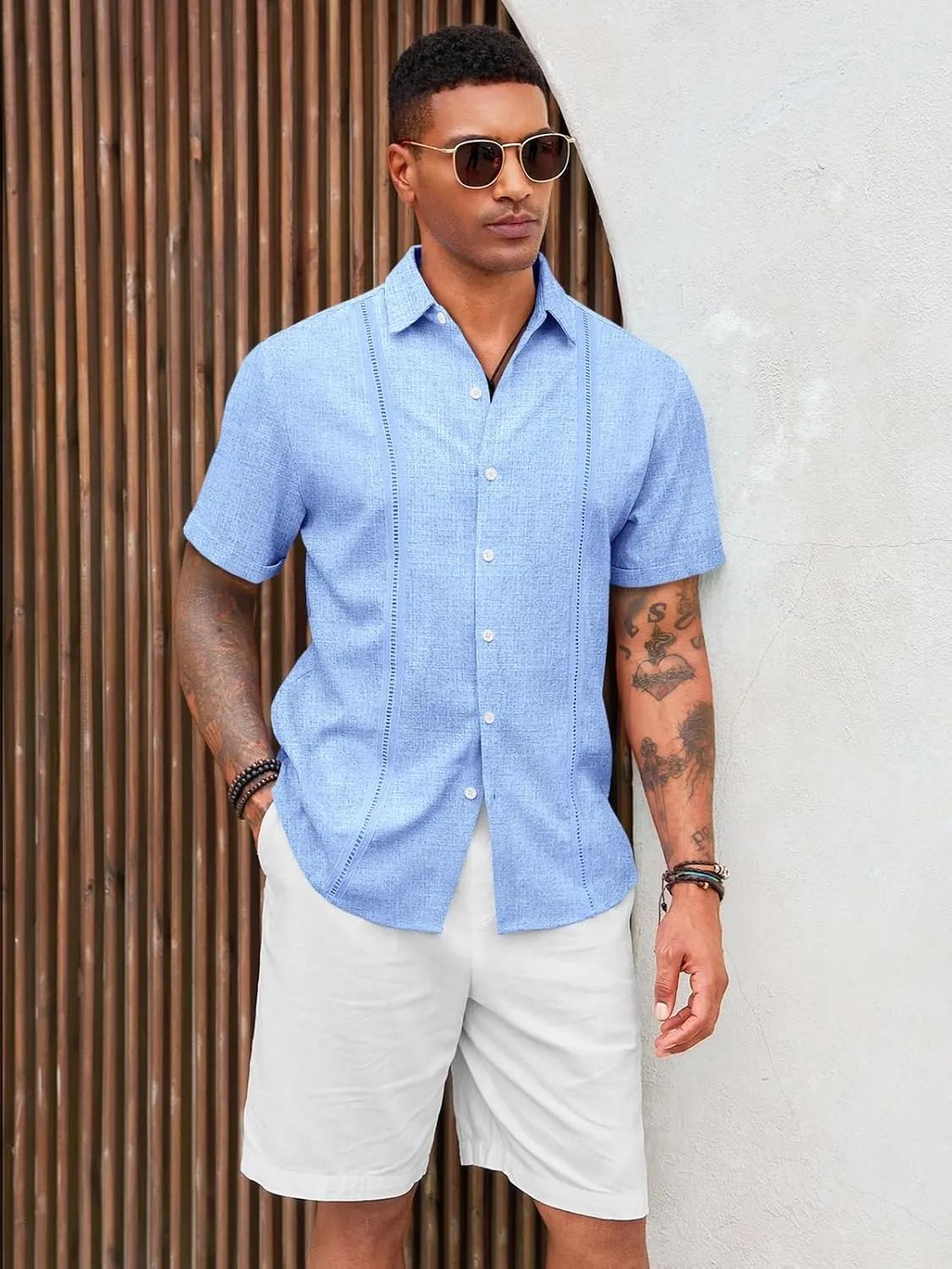 Runcati Mens Cuban Guayabera Shirts Short Sleeve Linen Casual Shirt Button Down Beach Summer Mexican Shirts
