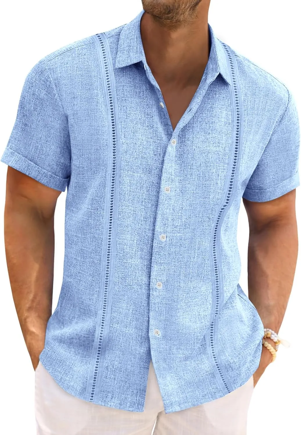 Runcati Mens Cuban Guayabera Shirts Short Sleeve Linen Casual Shirt Button Down Beach Summer Mexican Shirts