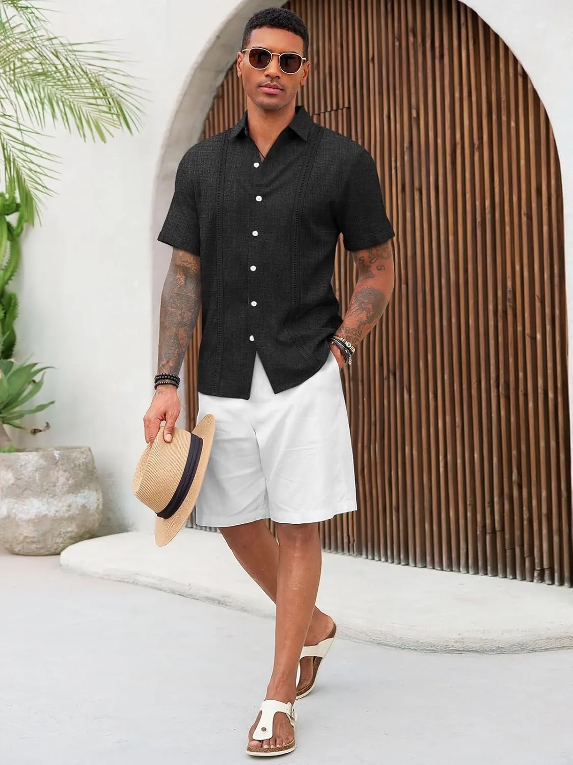 Runcati Mens Cuban Guayabera Shirts Short Sleeve Linen Casual Shirt Button Down Beach Summer Mexican Shirts