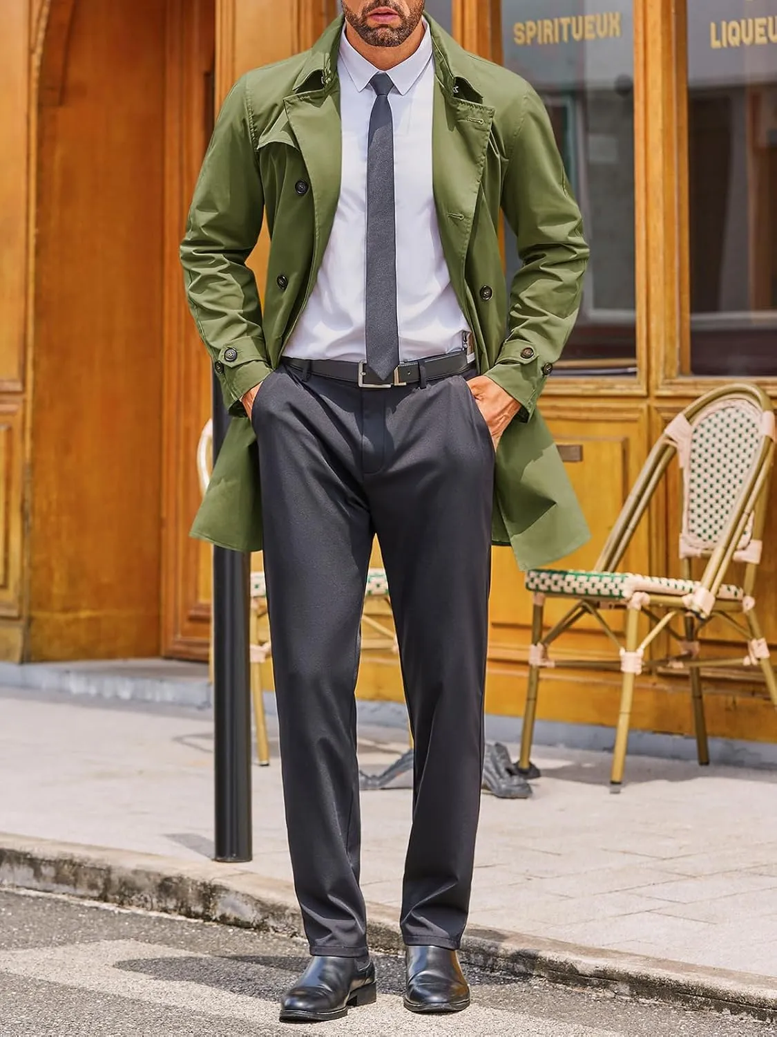 Runcati Mens Double Breasted Trench Coat Notched Lapel Windbreaker Jackets Causal Overcoat With Belt