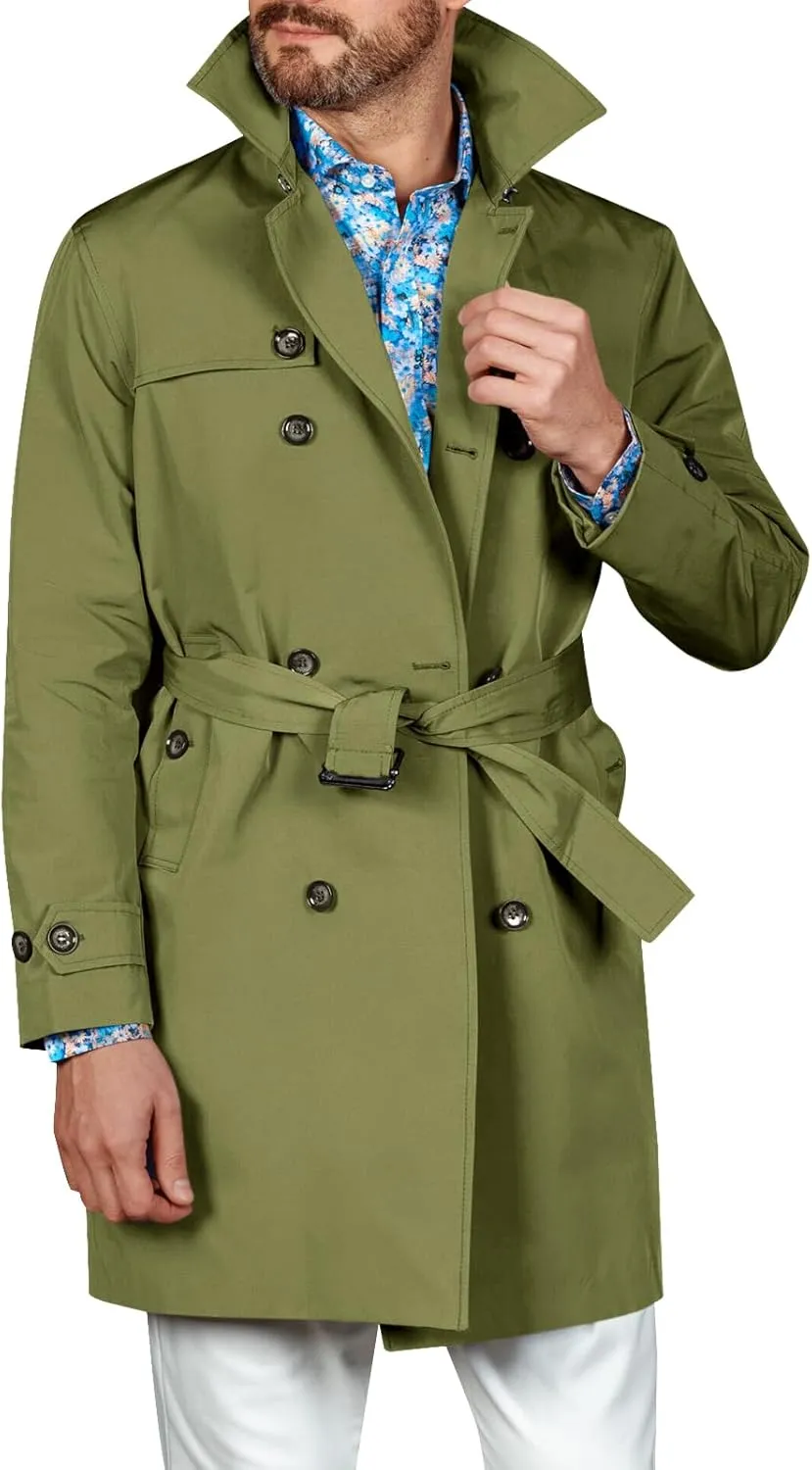 Runcati Mens Double Breasted Trench Coat Notched Lapel Windbreaker Jackets Causal Overcoat With Belt