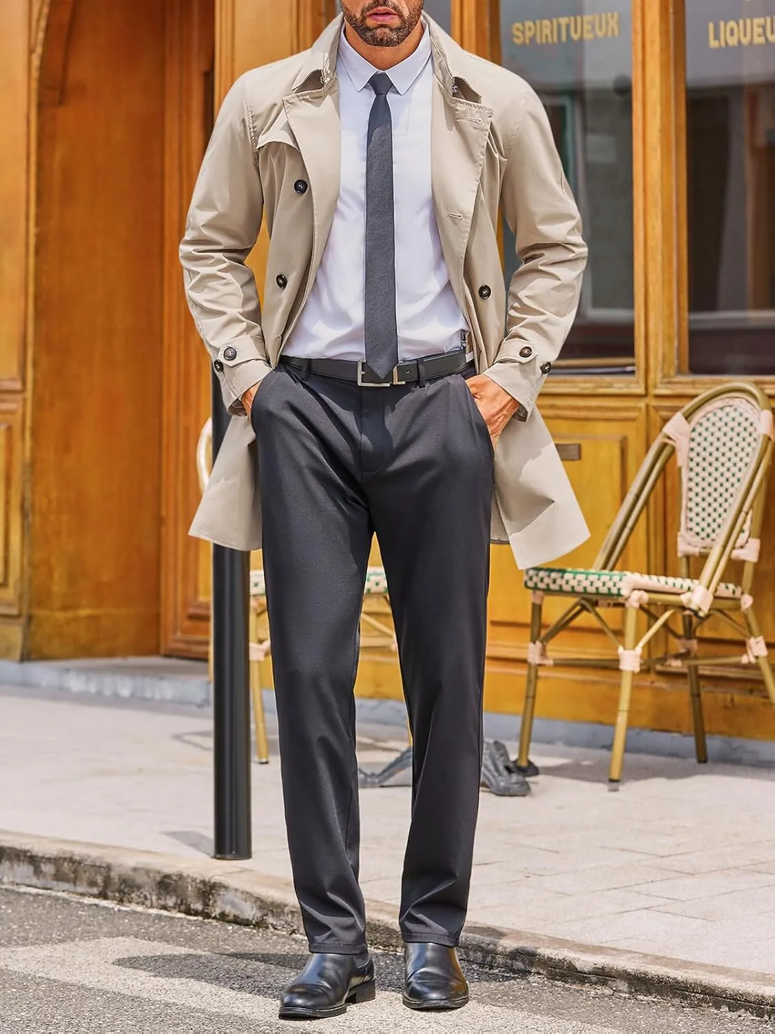 Runcati Mens Double Breasted Trench Coat Notched Lapel Windbreaker Jackets Causal Overcoat With Belt