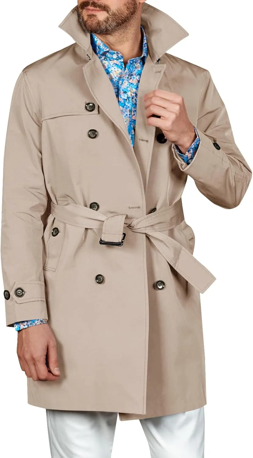 Runcati Mens Double Breasted Trench Coat Notched Lapel Windbreaker Jackets Causal Overcoat With Belt
