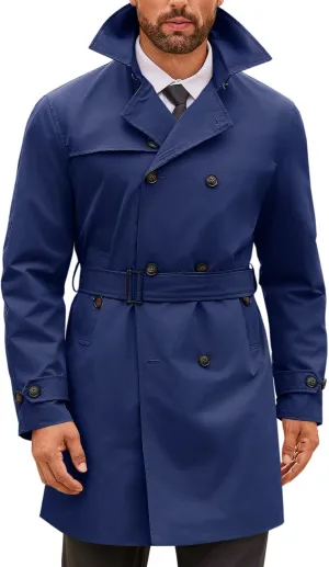 Runcati Mens Double Breasted Trench Coat Notched Lapel Windbreaker Jackets Causal Overcoat With Belt