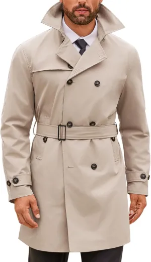 Runcati Mens Double Breasted Trench Coat Notched Lapel Windbreaker Jackets Causal Overcoat With Belt