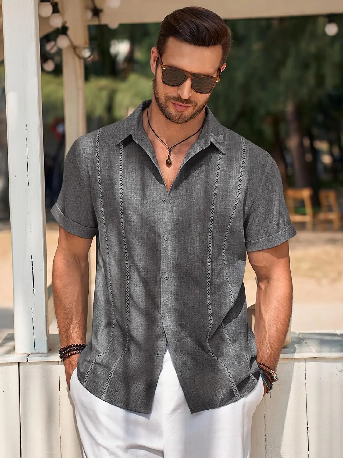 Runcati Mens Guayabera Shirts Short Sleeve Casual Cuban Linen Shirt Button Down Beach Summer Mexican Shirts