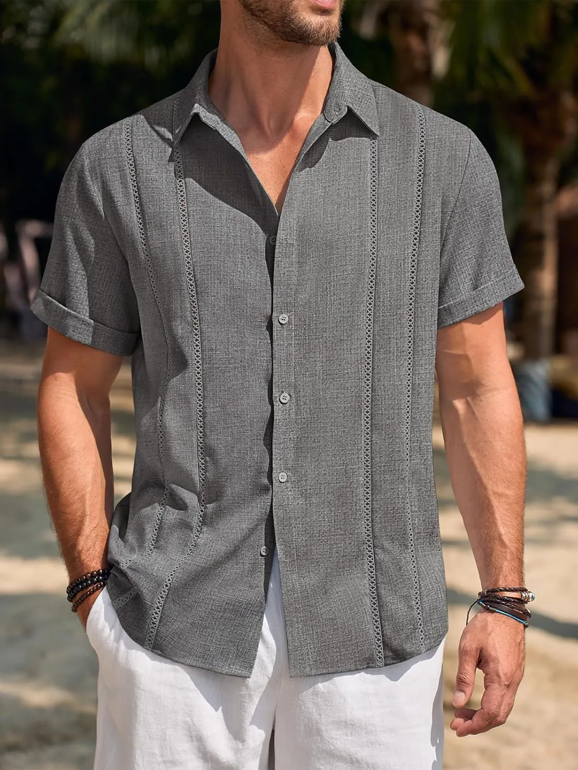 Runcati Mens Guayabera Shirts Short Sleeve Casual Cuban Linen Shirt Button Down Beach Summer Mexican Shirts