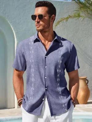 Runcati Mens Short Sleeve Guayabera Shirts Button Down Cuban Casual Mexican Shirts Summer Beach Wedding Linen Tops