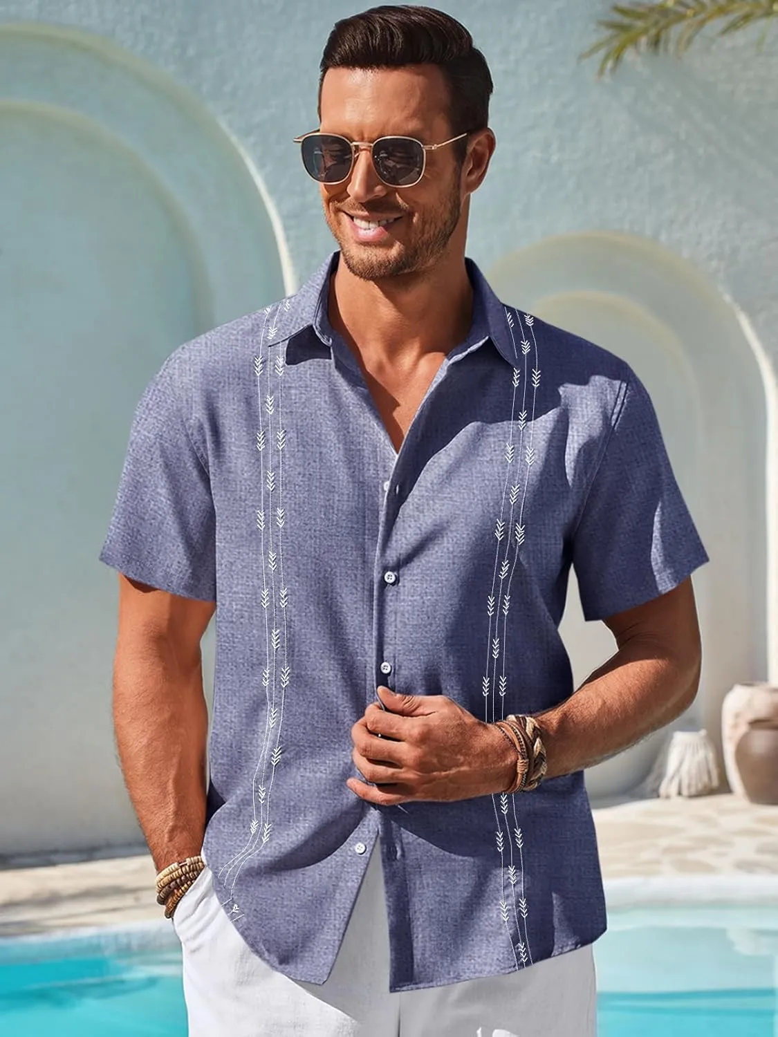 Runcati Mens Short Sleeve Guayabera Shirts Button Down Cuban Casual Mexican Shirts Summer Beach Wedding Linen Tops