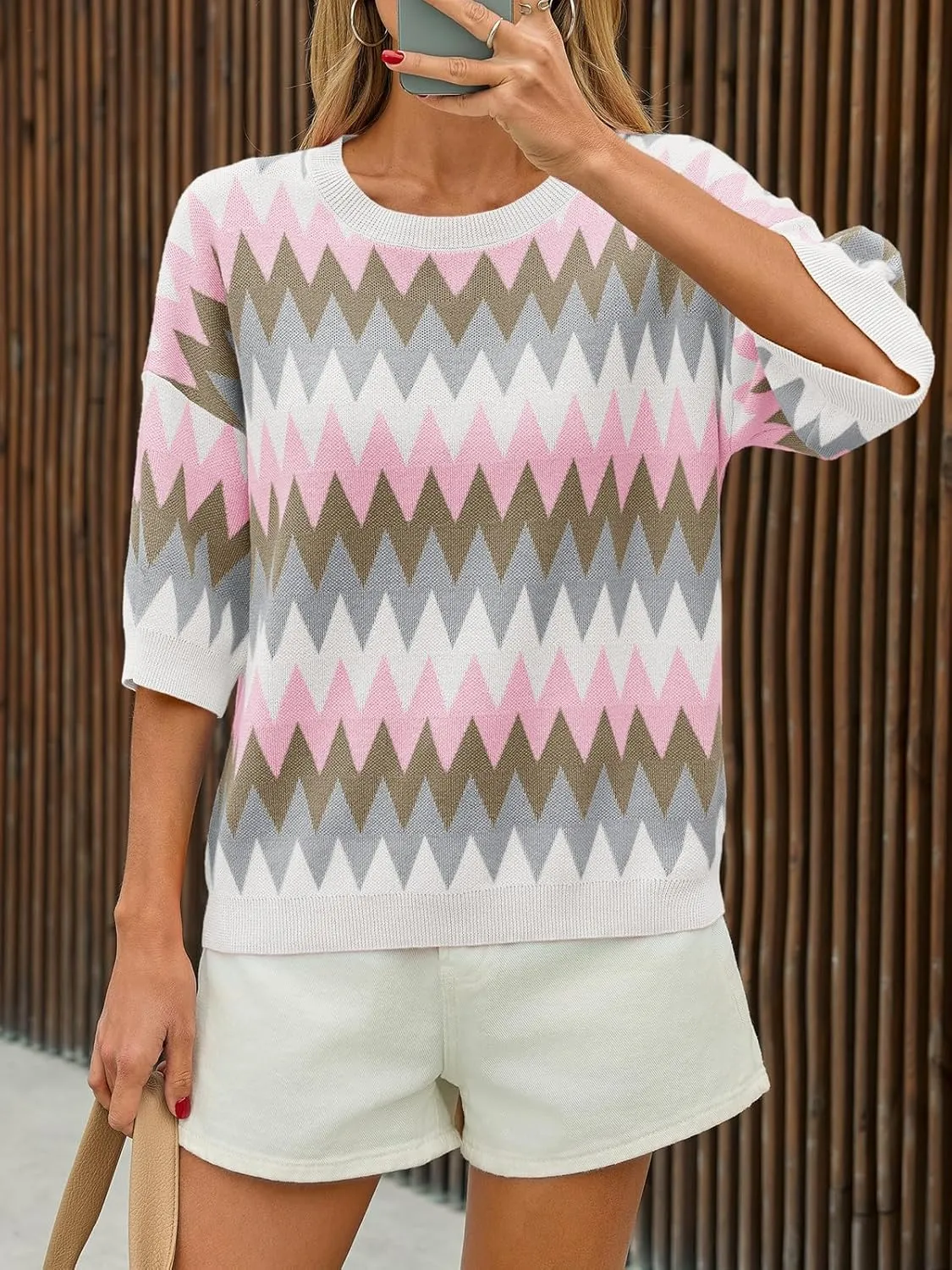 Saodimallsu Womens Color Block Striped Sweater Tops Summer Half Sleeve Crew Neck Loose Knit Pullover Sweaters