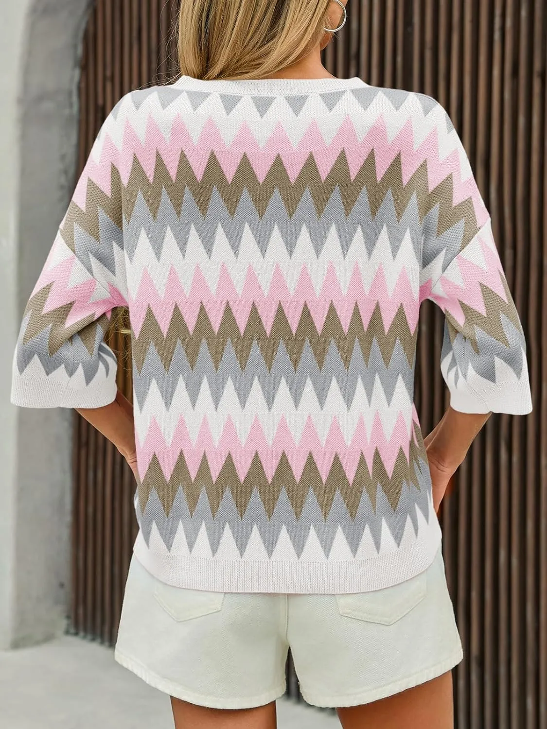 Saodimallsu Womens Color Block Striped Sweater Tops Summer Half Sleeve Crew Neck Loose Knit Pullover Sweaters
