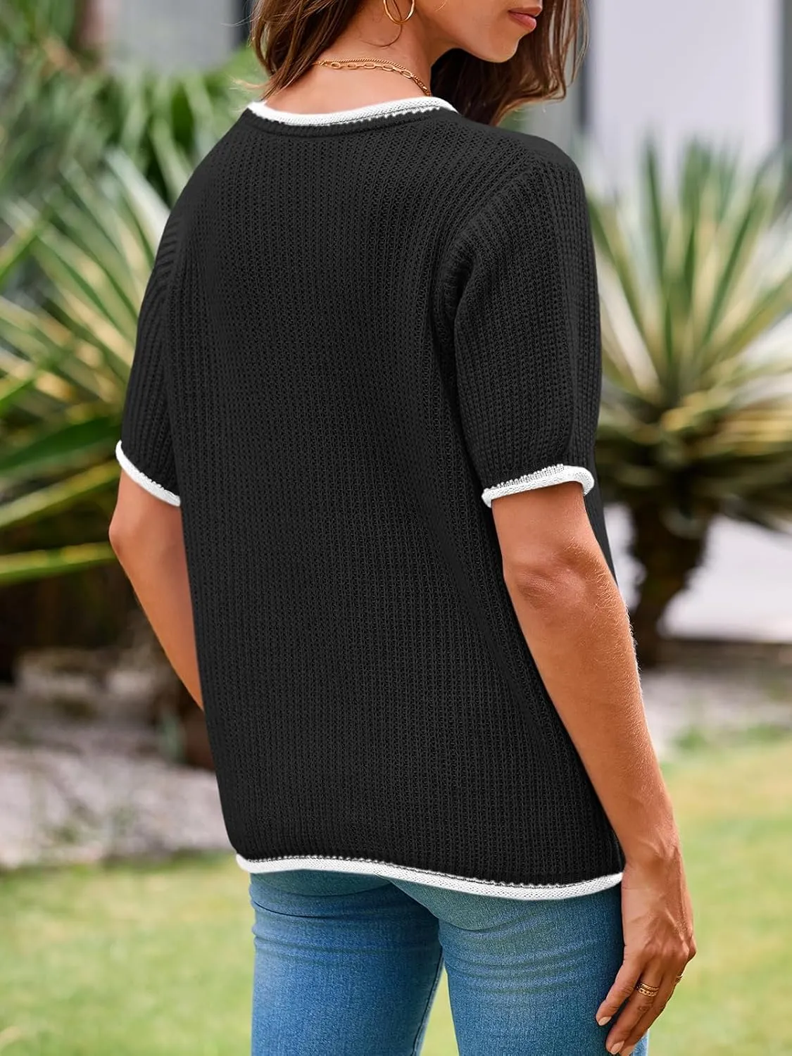 Saodimallsu Womens Puff Short Sleeve Sweater Tops Spring Summer Color Block Ribbed Knit Crew Neck Going Out Shirts