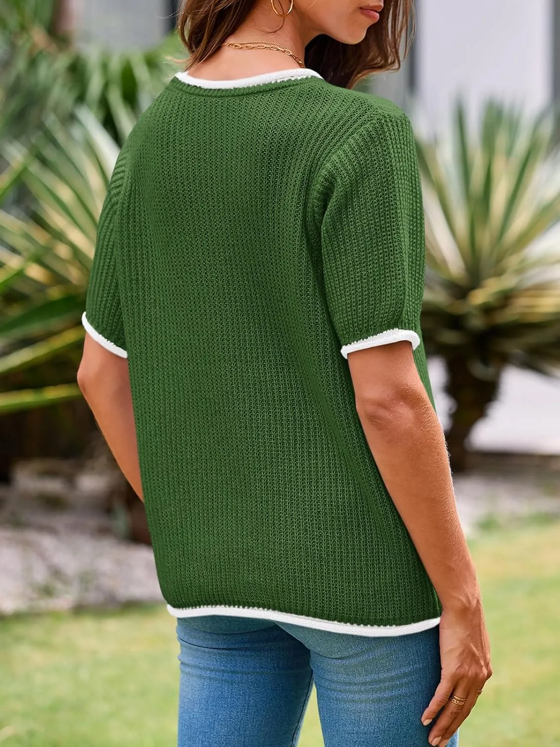 Saodimallsu Womens Puff Short Sleeve Sweater Tops Spring Summer Color Block Ribbed Knit Crew Neck Going Out Shirts