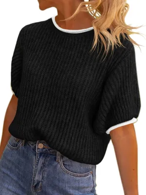 Saodimallsu Womens Puff Short Sleeve Sweater Tops Spring Summer Color Block Ribbed Knit Crew Neck Going Out Shirts