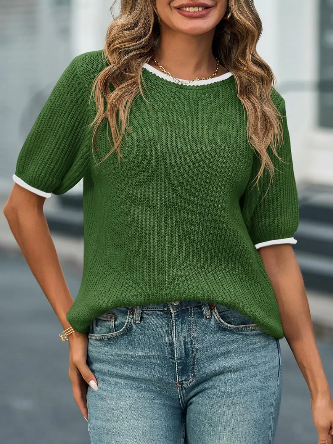 Saodimallsu Womens Puff Short Sleeve Sweater Tops Spring Summer Color Block Ribbed Knit Crew Neck Going Out Shirts