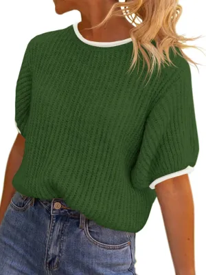 Saodimallsu Womens Puff Short Sleeve Sweater Tops Spring Summer Color Block Ribbed Knit Crew Neck Going Out Shirts