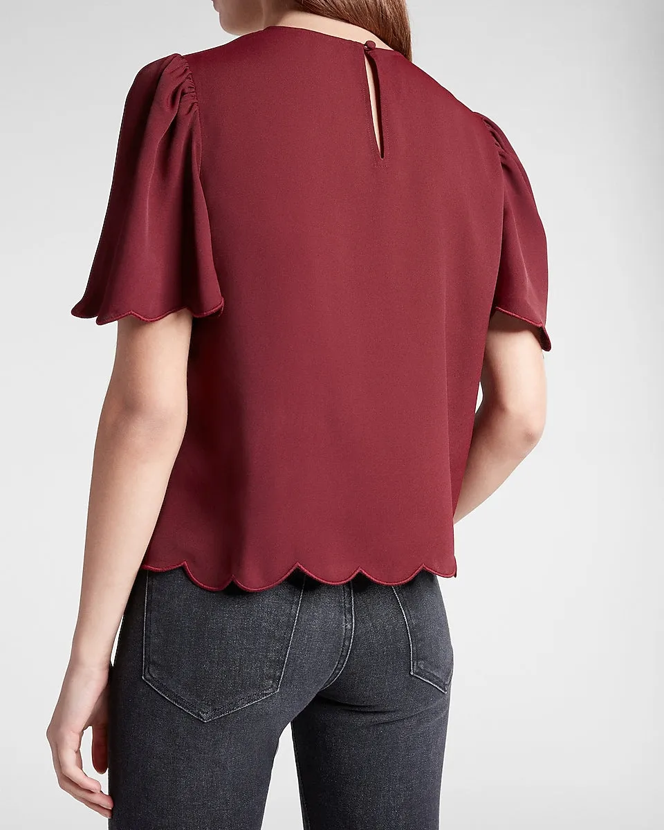 Scalloped Flutter Sleeve Top in Wine