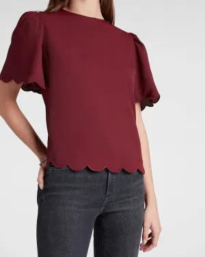 Scalloped Flutter Sleeve Top in Wine