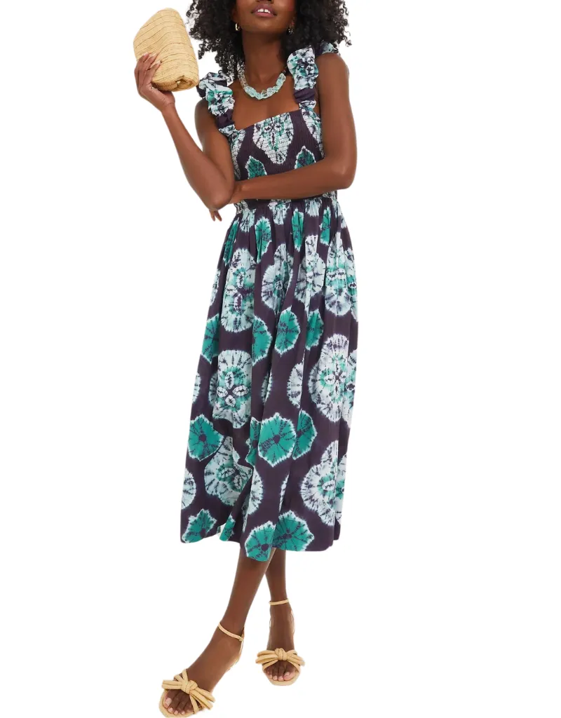 Sea NY Aveline Tie Dye Print Sleeveless Smocked Dress in Teal