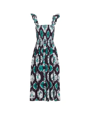 Sea NY Aveline Tie Dye Print Sleeveless Smocked Dress in Teal