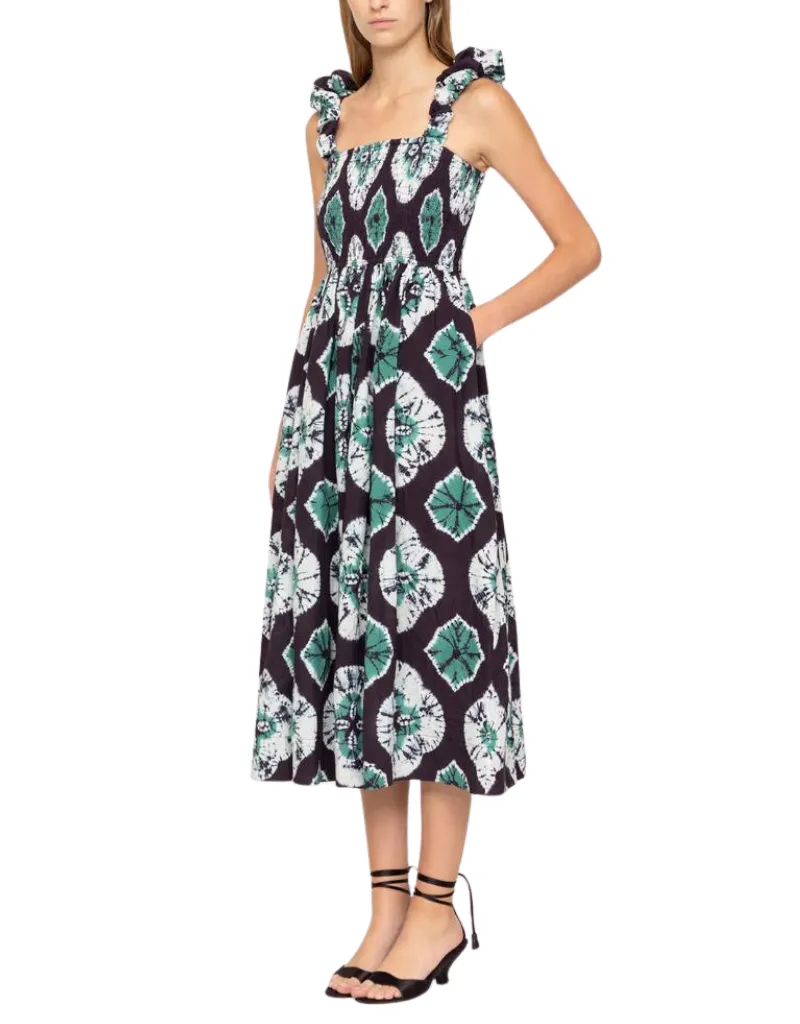 Sea NY Aveline Tie Dye Print Sleeveless Smocked Dress in Teal