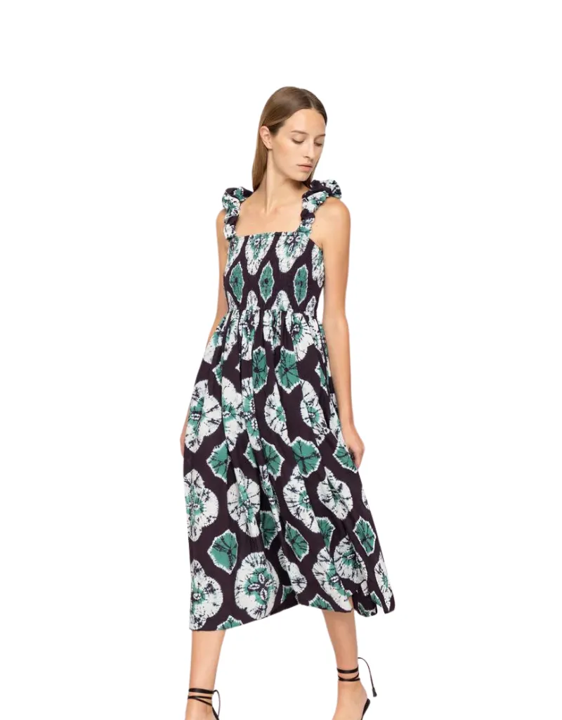 Sea NY Aveline Tie Dye Print Sleeveless Smocked Dress in Teal