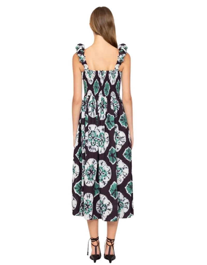 Sea NY Aveline Tie Dye Print Sleeveless Smocked Dress in Teal