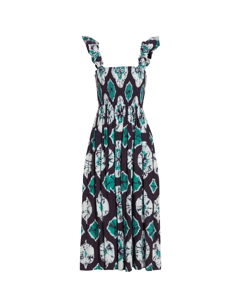 Sea NY Aveline Tie Dye Print Sleeveless Smocked Dress in Teal