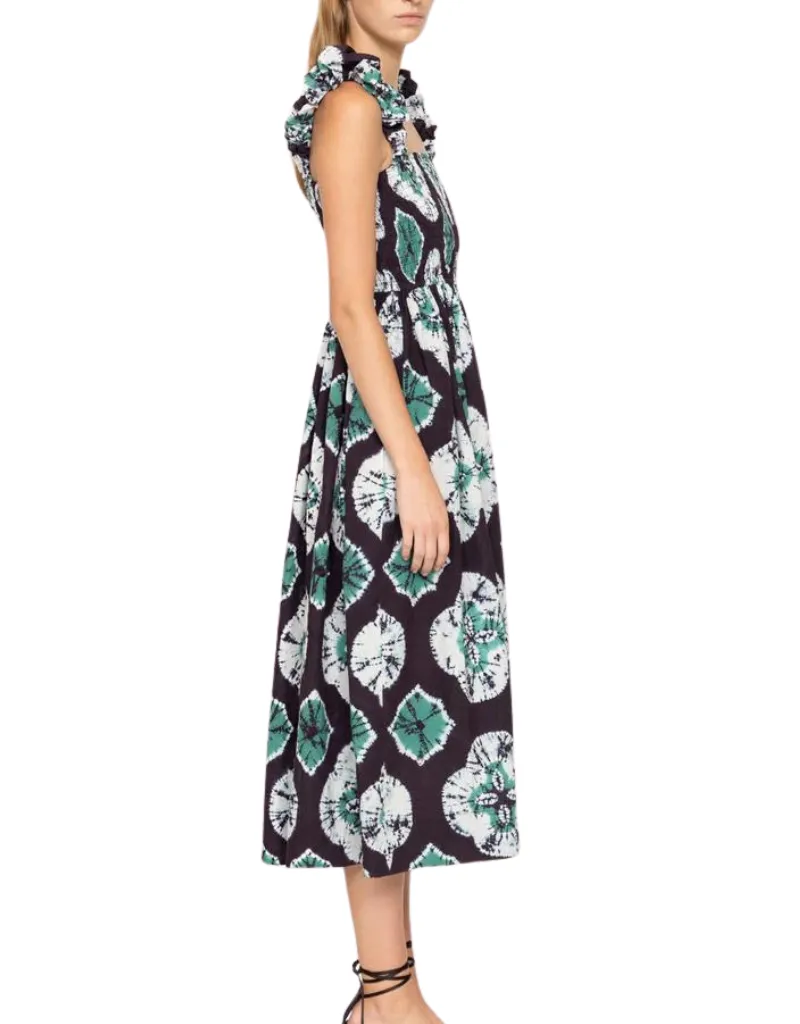 Sea NY Aveline Tie Dye Print Sleeveless Smocked Dress in Teal