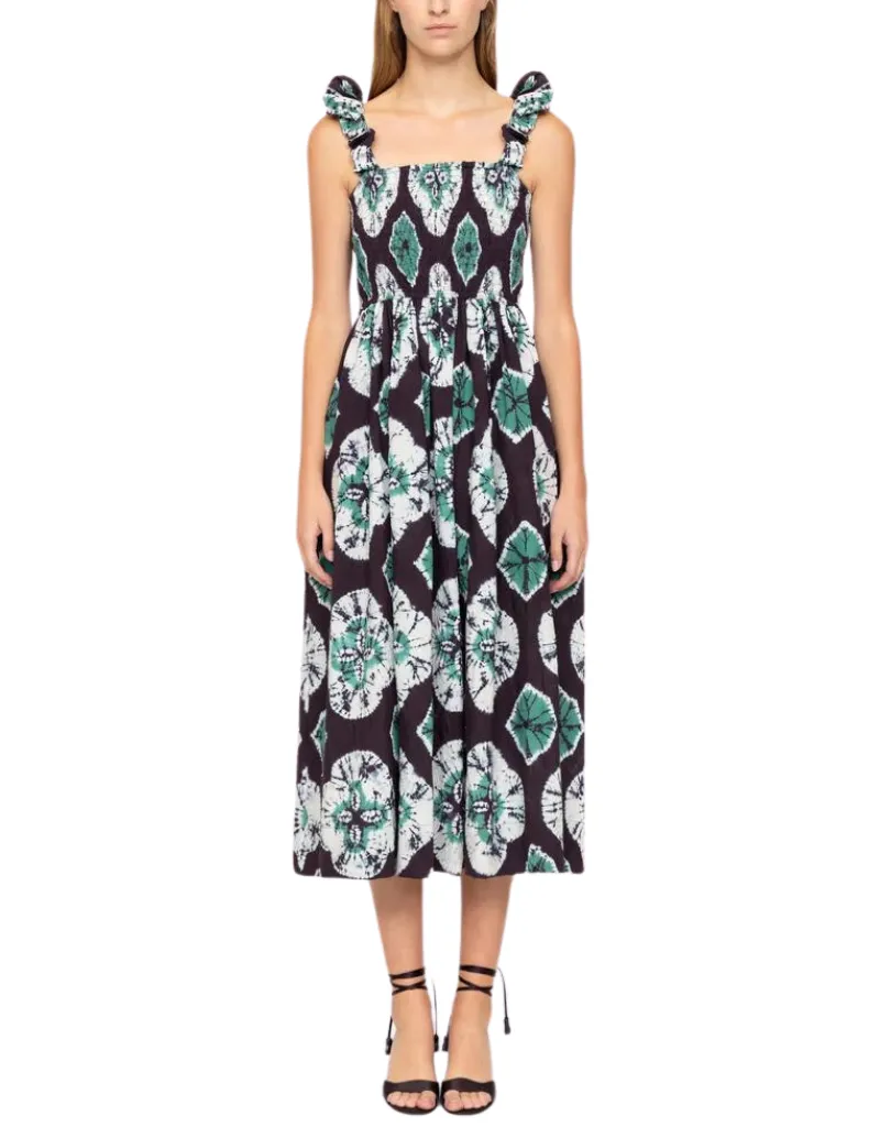Sea NY Aveline Tie Dye Print Sleeveless Smocked Dress in Teal