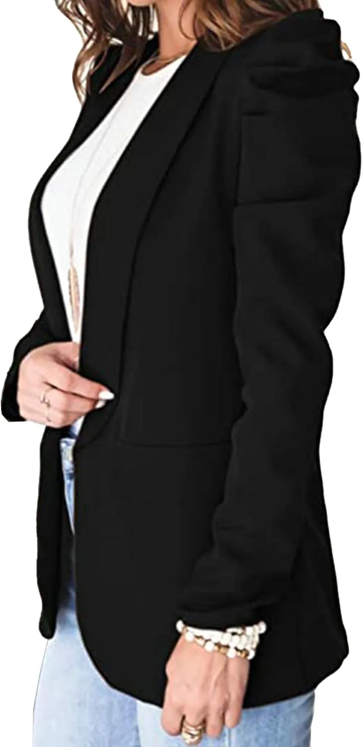 SEMATOMALA Women's Puff Sleeve Shoulder Pad Slim Business Blazer Suit Casual Lapel Open Front Work Office Jacket with Pockets